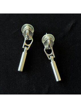 Silver Zipper Pull-Inspired Drop Earrings With Push-Back Closure